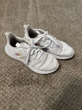 Adidas White Lightweight Knit Sneakers with Subtle Rainbow Accents